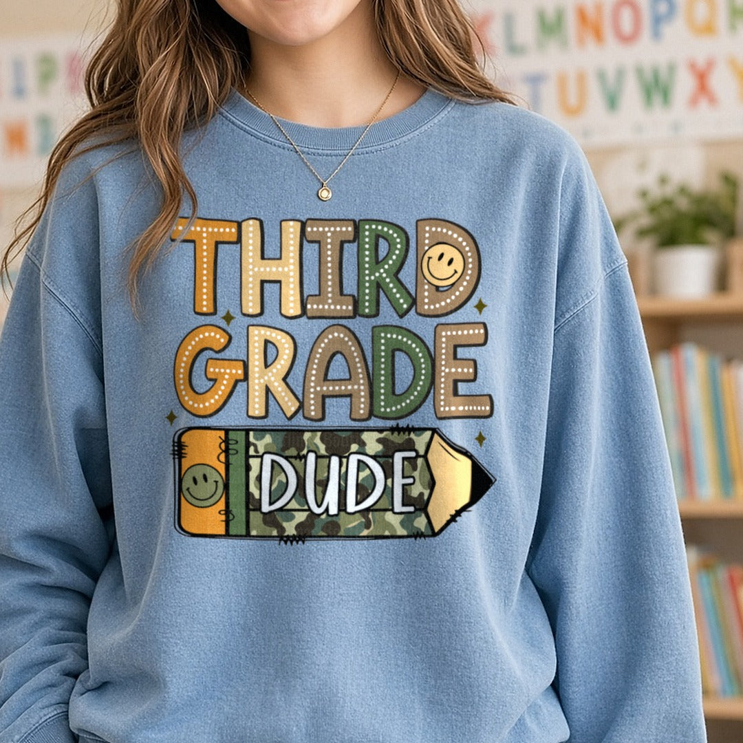 Third Grade Dude Camo Pencil DTF transfer shown on a Comfort Colors sweatshirt