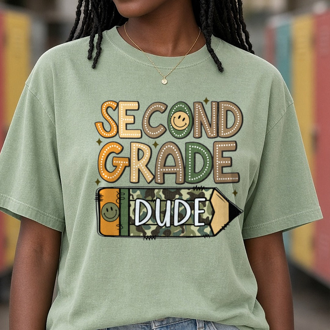 Second Grade Dude Camo Pencil DTF transfer shown on a Comfort Colors tee