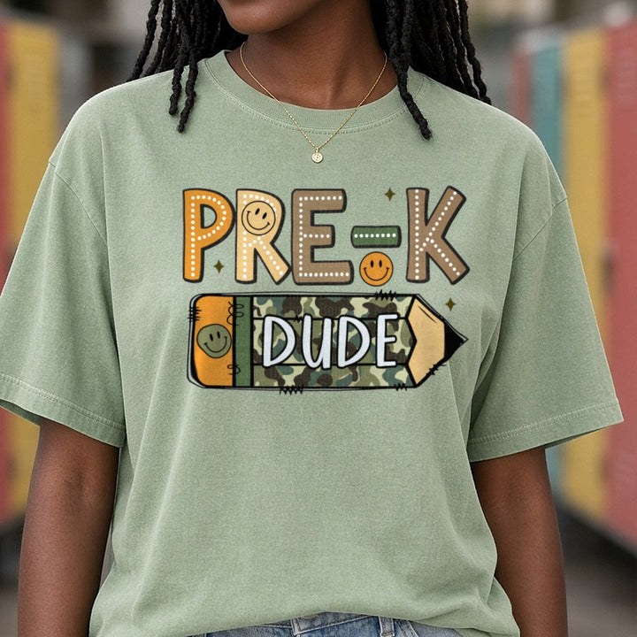 Pre-K Dude Camo Pencil DTF transfer shown on a Comfort Colors tee
