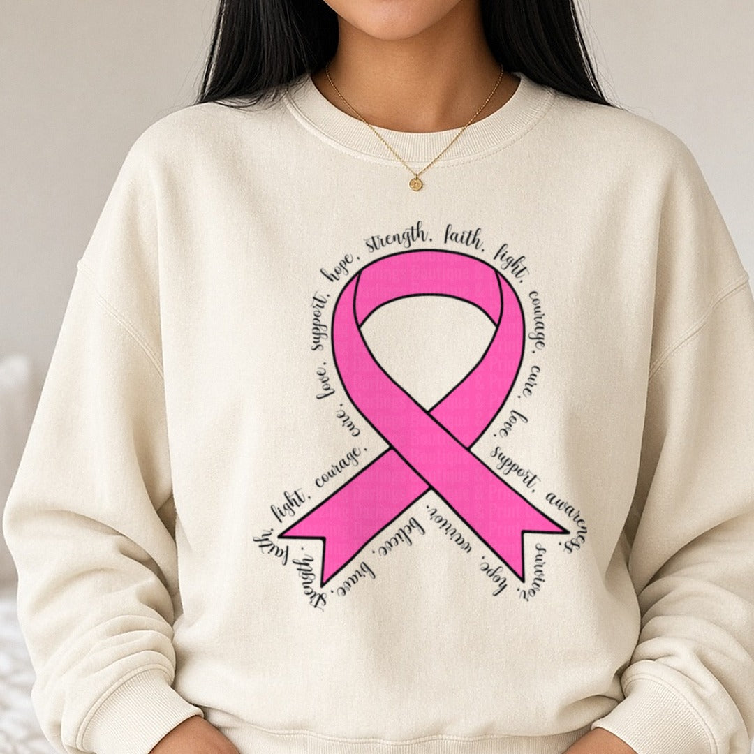 Breast Cancer Awareness Ribbon DTF transfer shown on a Comfort Colors sweatshirt