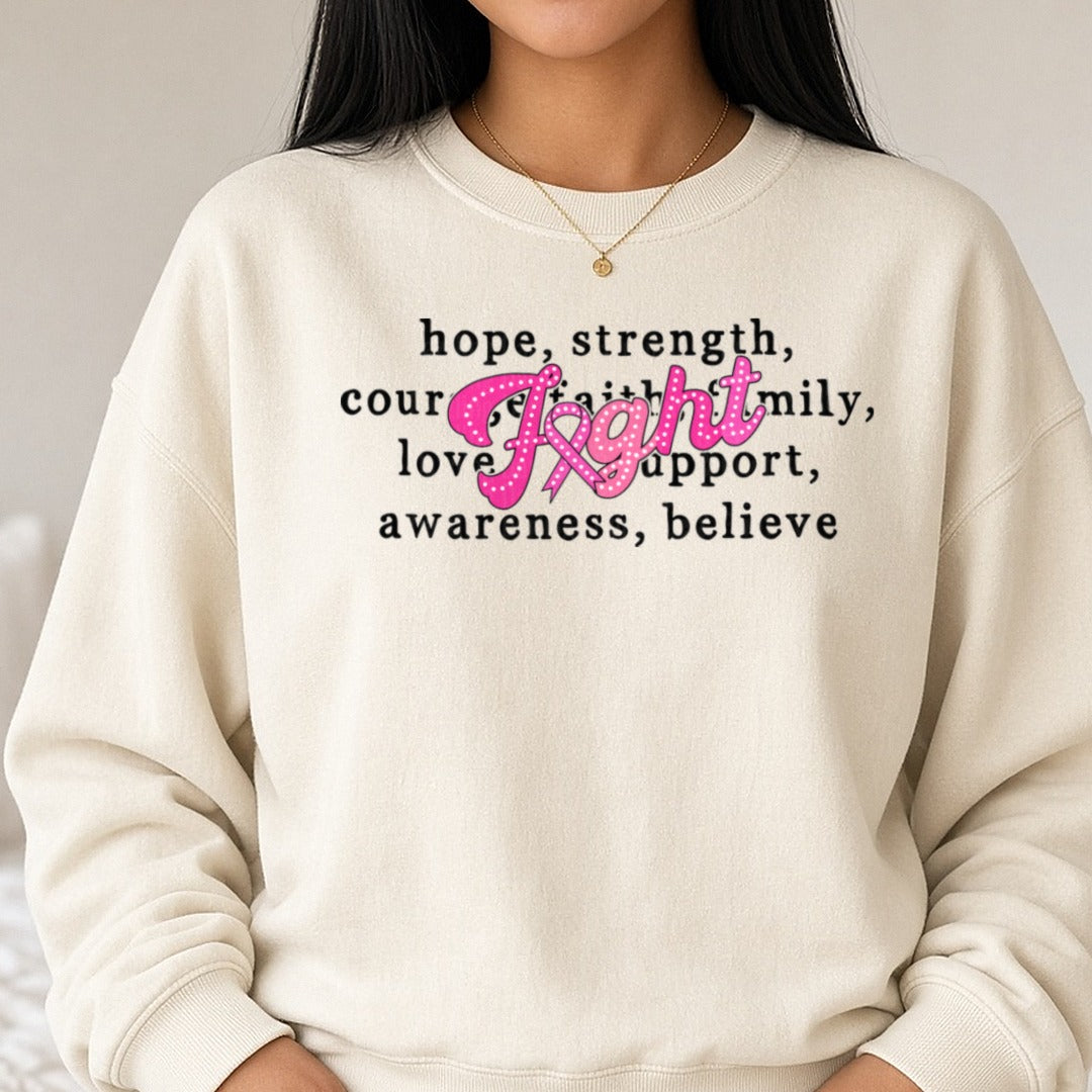 Breast Cancer Awareness Ribbon Fight DTF transfer shown on a Comfort Colors sweatshirt