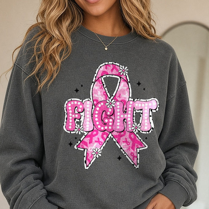Breast Cancer Awareness Ribbon Fight Pink Polka Dot Letters DTF transfer shown on a Comfort Colors sweatshirt