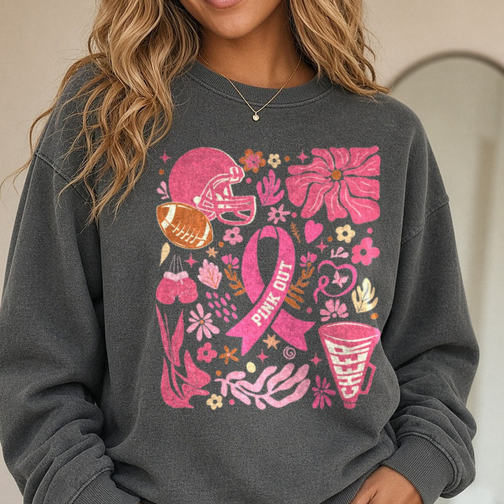 Breast Cancer Awareness Ribbon Boho DTF transfer shown on a Comfort Colors sweatshirt
