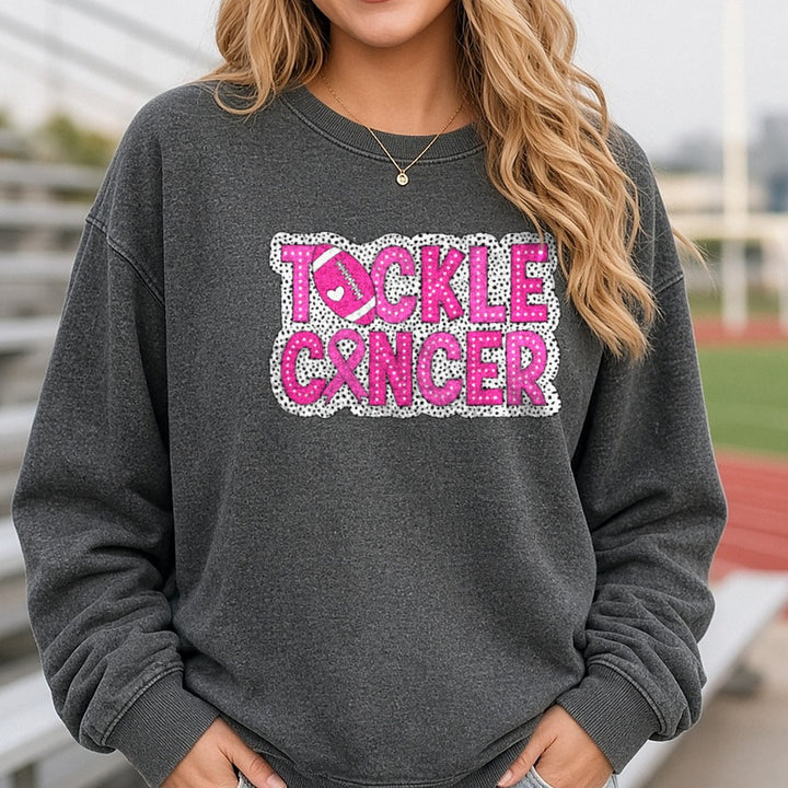 Breast Cancer Awareness Tackle Cancer Football DTF transfer shown on a Comfort Colors sweatshirt
