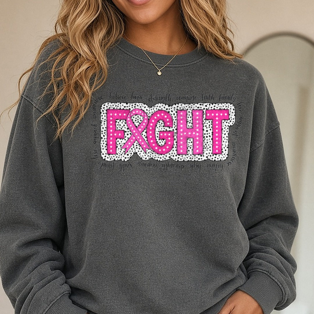 Breast Cancer Awareness Ribbon Fight Word Border Polka Dot DTF transfer shown on a Comfort Colors sweatshirt