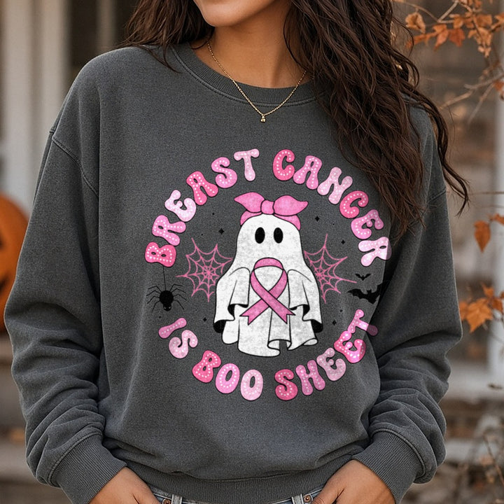 Breast Cancer Awareness Ribbon Cancer Is BOO Sheet DTF transfer shown on a Comfort Colors sweatshirt