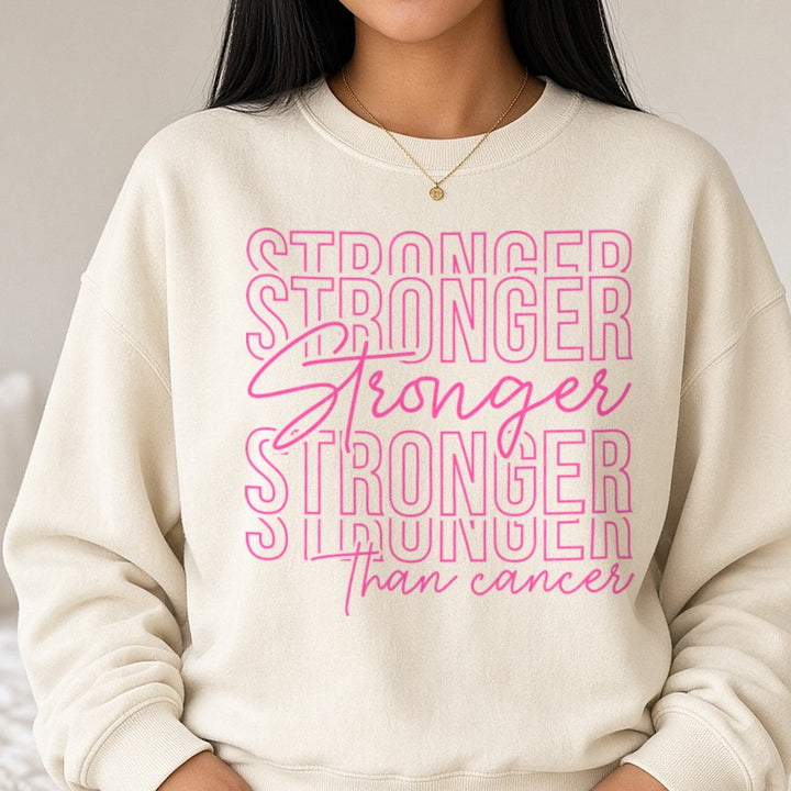 Breast Cancer Awareness Ribbon Stronger Than Cancer DTF transfer shown on a Comfort Colors sweatshirt