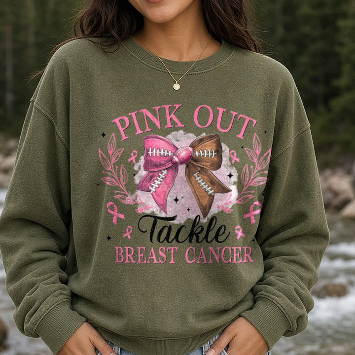 Breast Cancer Awareness Pink Out Tackle Breast Cancer DTF transfer shown on a Comfort Colors sweatshirt