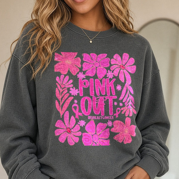 Breast Cancer Awareness Ribbon Pink Out Boho DTF transfer shown on a Comfort Colors sweatshirt