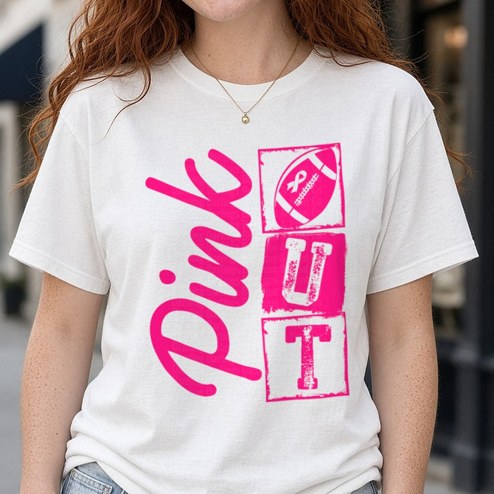 Breast Cancer Awareness Ribbon Pink Out DTF transfer shown on a Comfort Colors tee