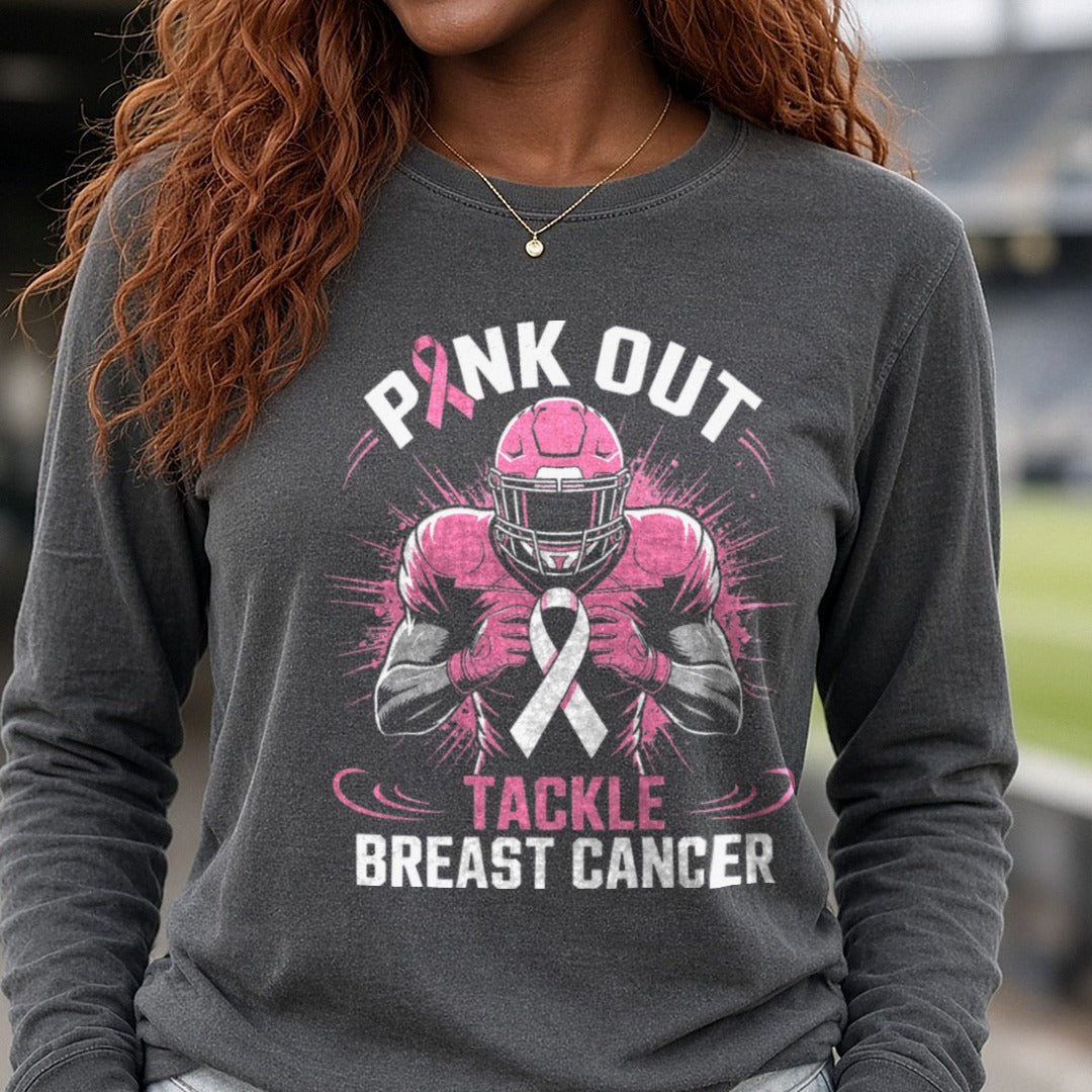 Breast Cancer Awareness Ribbon Pink Out Tackle Football DTF transfer shown on a Comfort Colors long sleeve tee