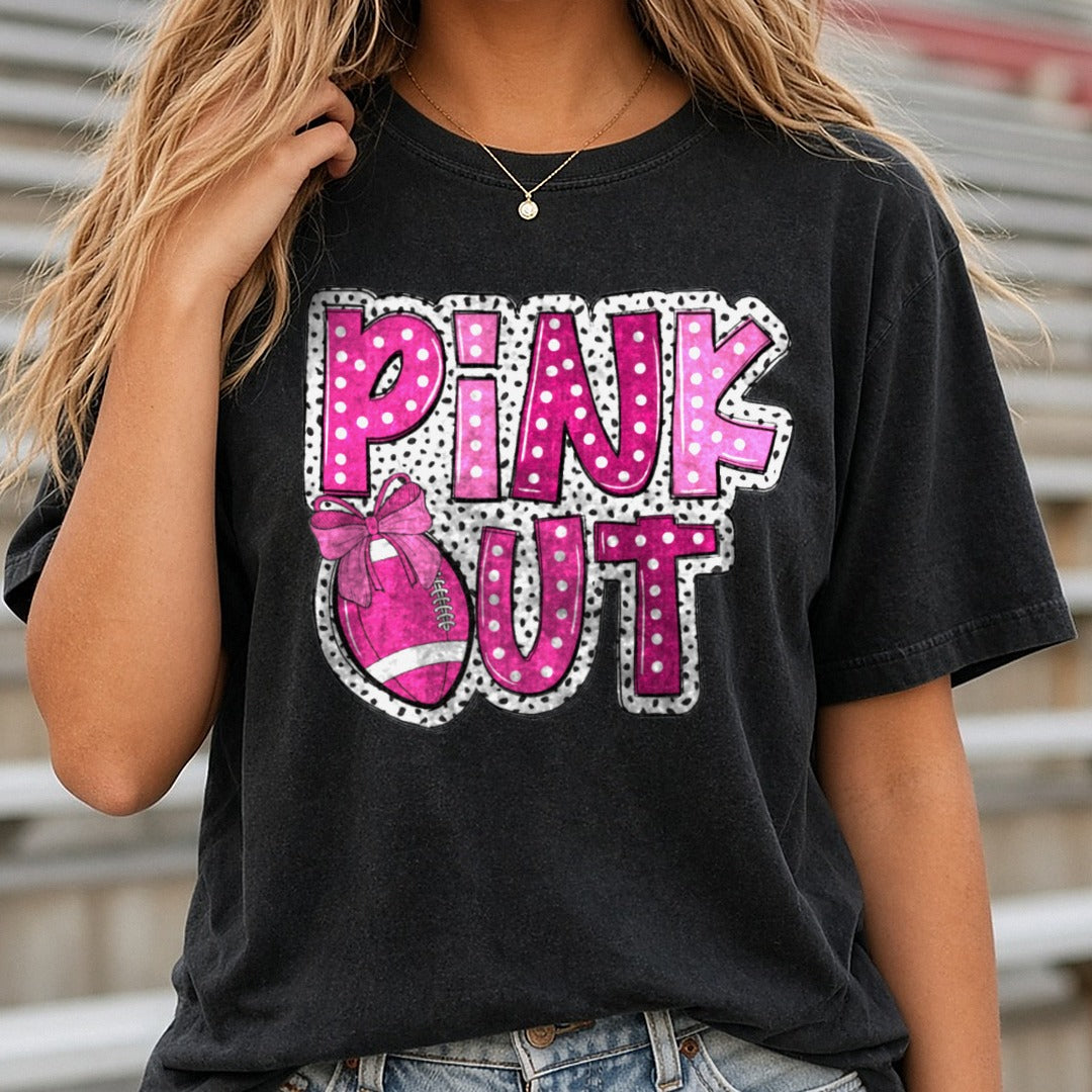 Breast Cancer Awareness Ribbon Pink Out Football DTF transfer shown on a Comfort Colors tee
