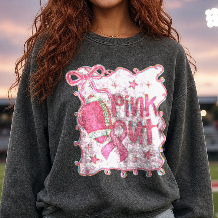 Breast Cancer Awareness Ribbon Pink Out Football Preppy DTF transfer shown on a Comfort Colors sweatshirt