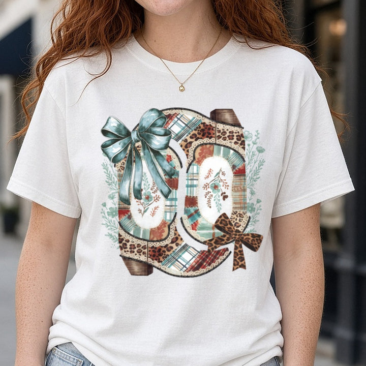 Preppy Patchwork Boots DTF transfer shown on a Comfort Colors tee