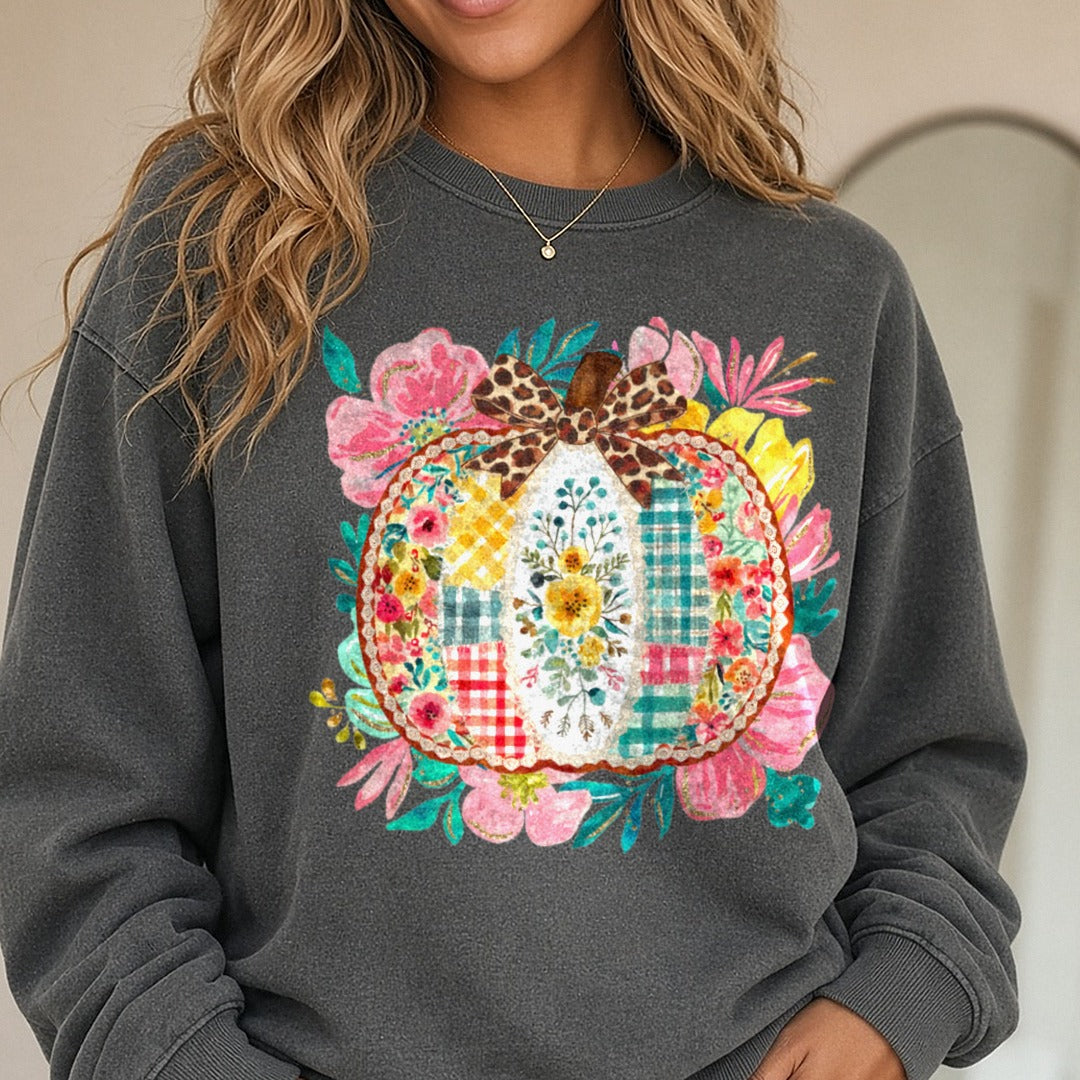Patchwork Pumpkin DTF transfer shown on a Comfort Colors sweatshirt