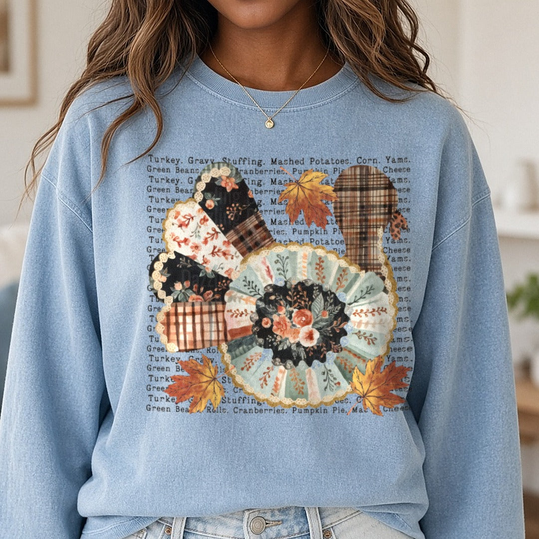Patchwork Turkey DTF transfer shown on a Comfort Colors sweatshirt