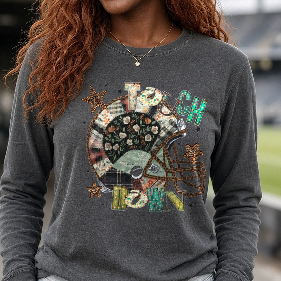 Touch Down DTF transfer shown on a Comfort Colors long sleeve tee