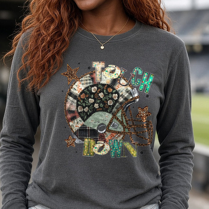 Touch Down DTF transfer shown on a Comfort Colors long sleeve tee