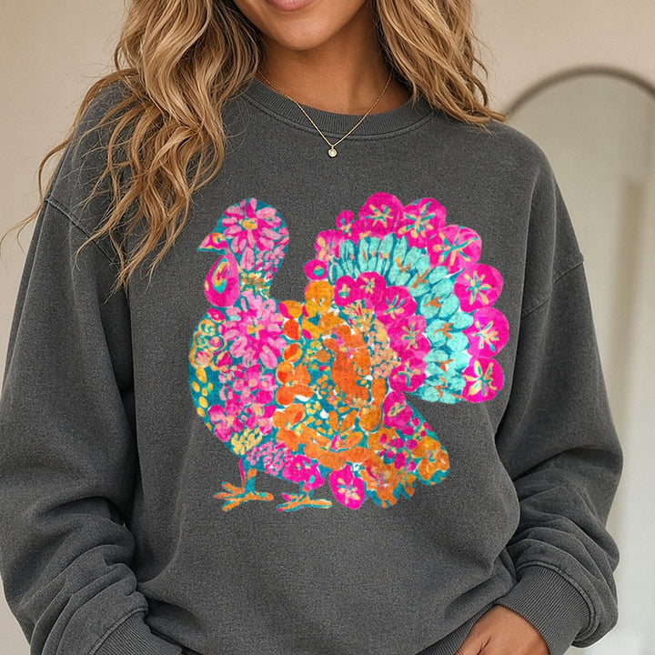 Bright Floral Turkey DTF transfer shown on a Comfort Colors sweatshirt