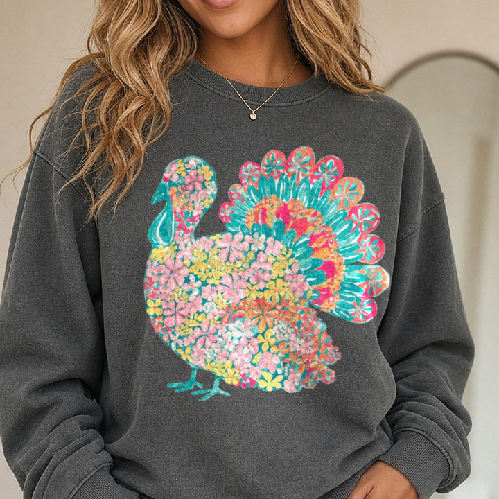 Pastel Turkey DTF transfer shown on a Comfort Colors sweatshirt