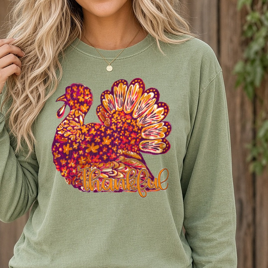 Thankful Turkey DTF transfer shown on a Comfort Colors long sleeve tee