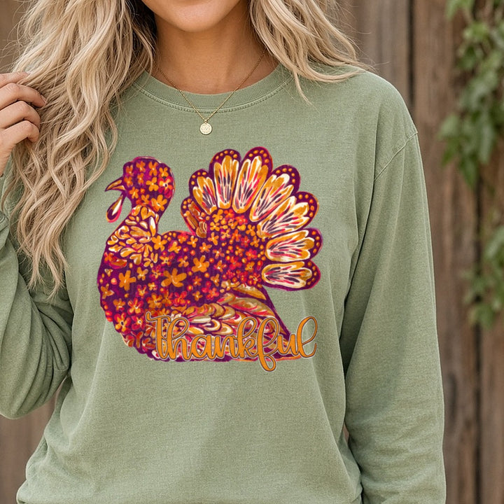 Thankful Turkey DTF transfer shown on a Comfort Colors long sleeve tee