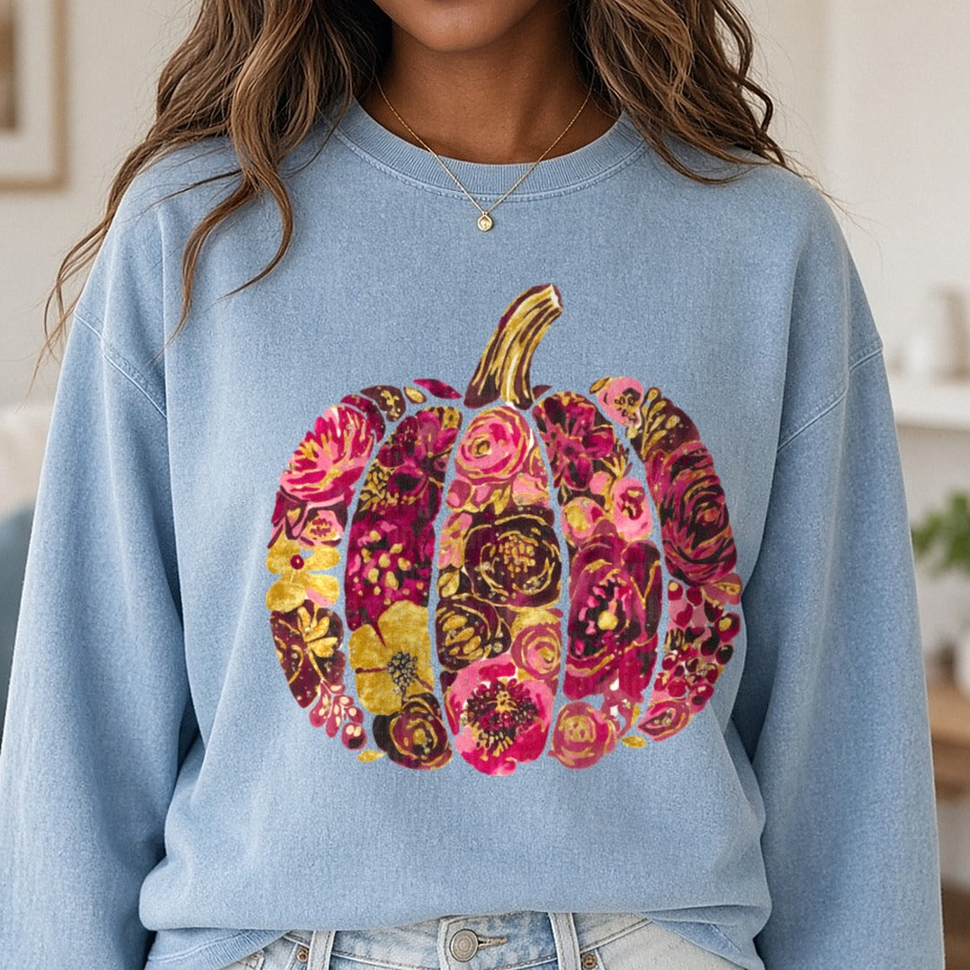 Maroon And Gold Floral Pumpkin DTF transfer shown on a Comfort Colors sweatshirt
