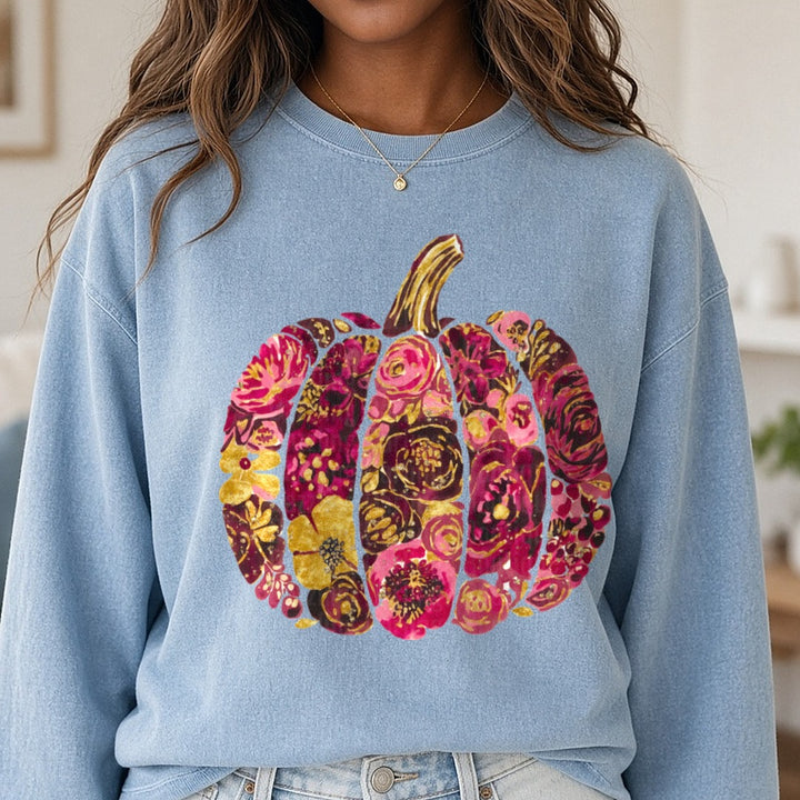 Maroon And Gold Floral Pumpkin DTF transfer shown on a Comfort Colors sweatshirt