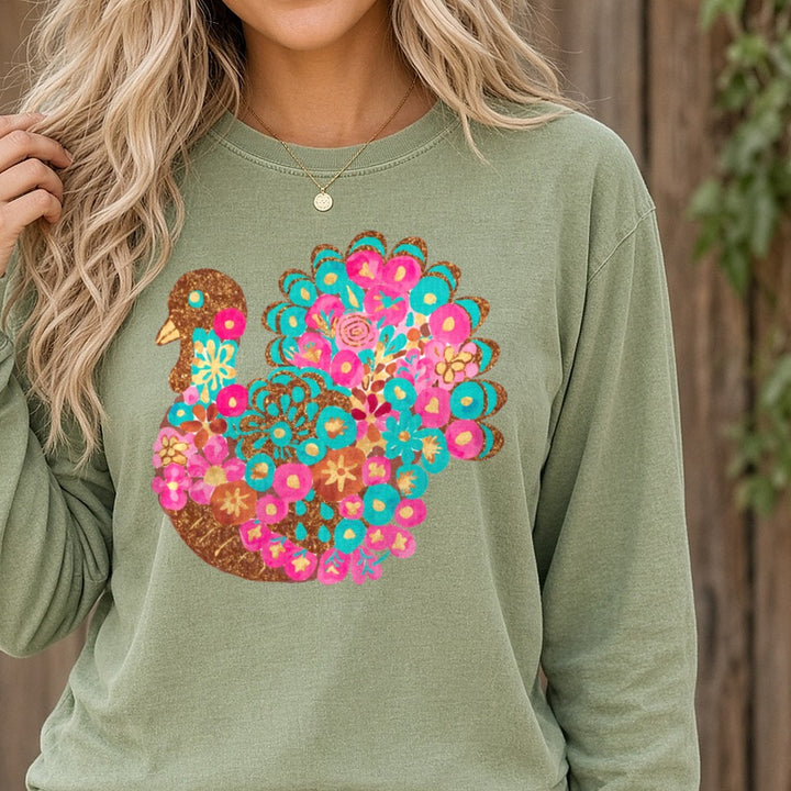 Floral Turkey(4) DTF transfer shown on a Comfort Colors long sleeve tee