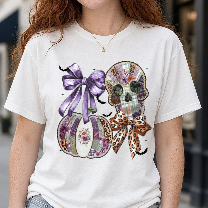 Preppy Patchwork Skull DTF transfer shown on a Comfort Colors tee