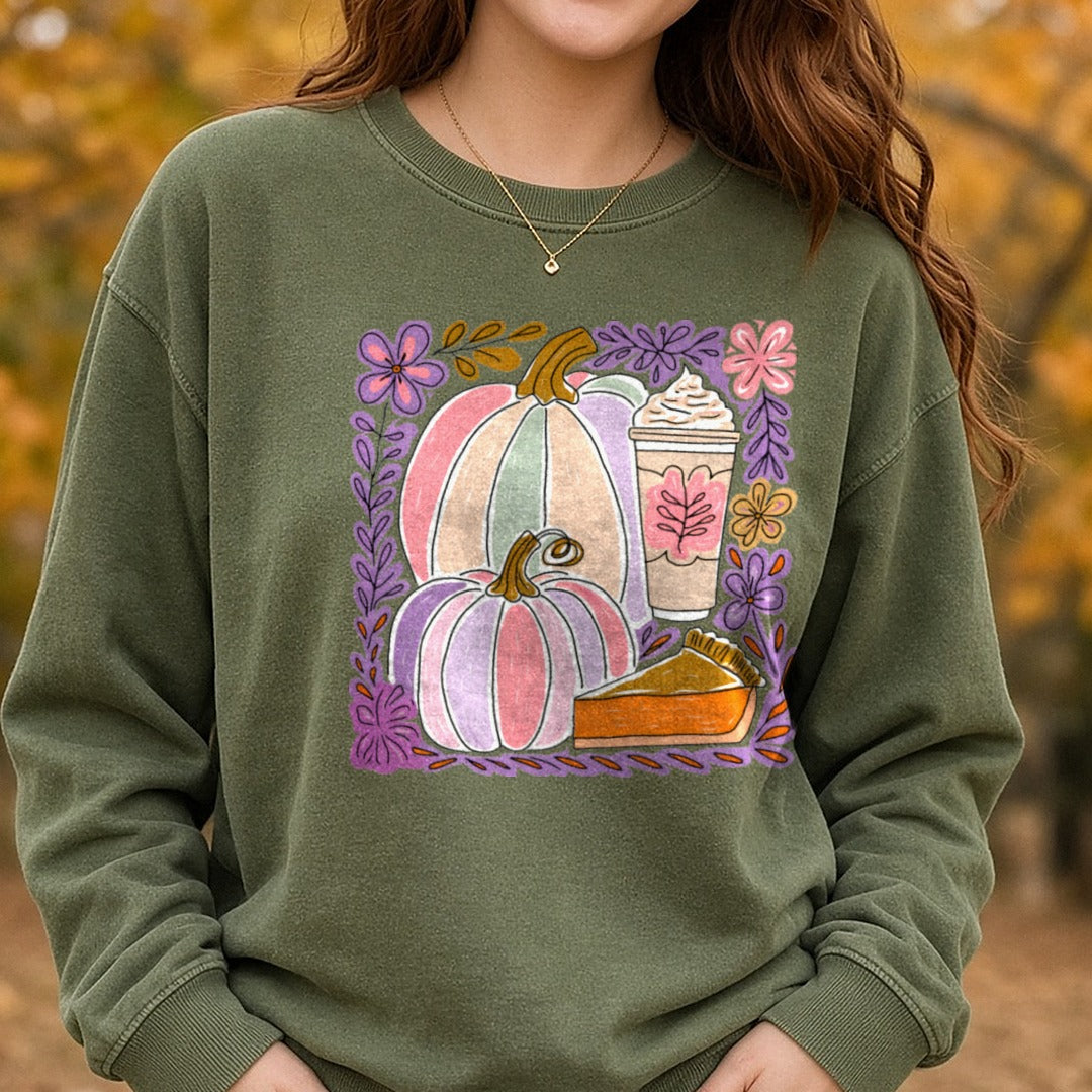 Fall(1) DTF transfer shown on a Comfort Colors sweatshirt