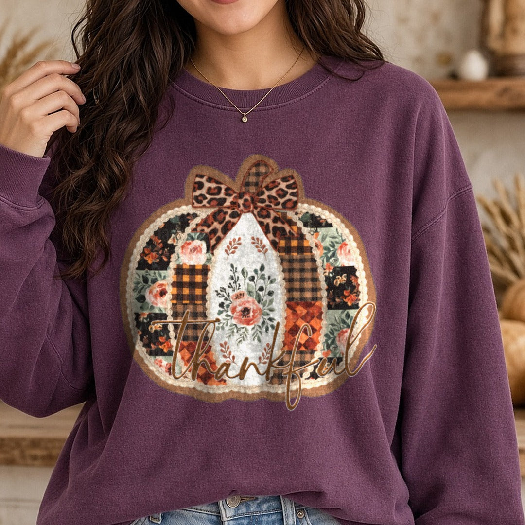 Thankful DTF transfer shown on a Comfort Colors sweatshirt
