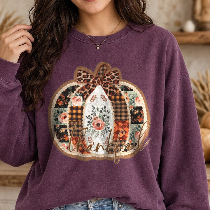 Thankful DTF transfer shown on a Comfort Colors sweatshirt