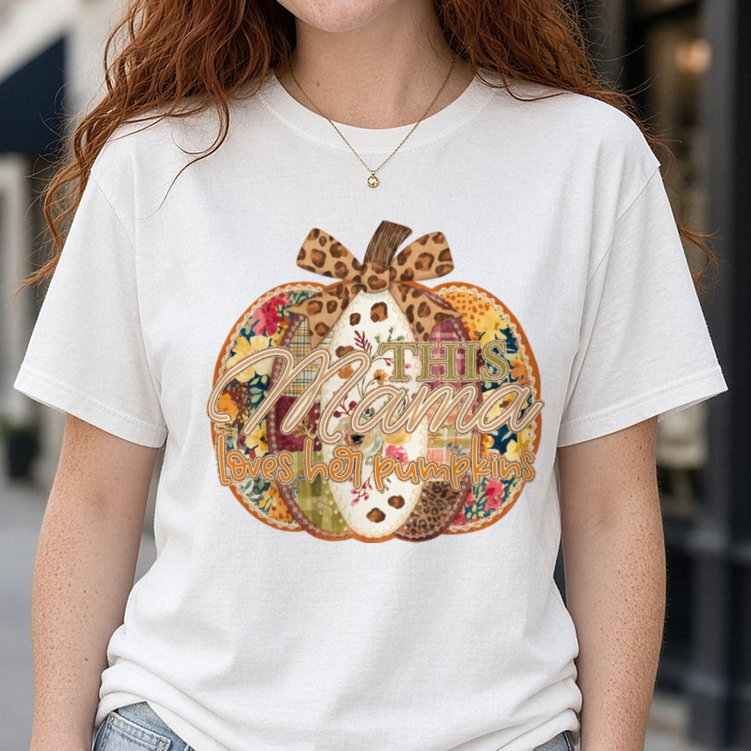 This Mama Loves Her Pumpkins DTF transfer shown on a Comfort Colors tee