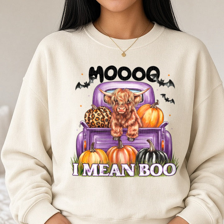 Moo I Mean Boo DTF transfer shown on a Comfort Colors sweatshirt