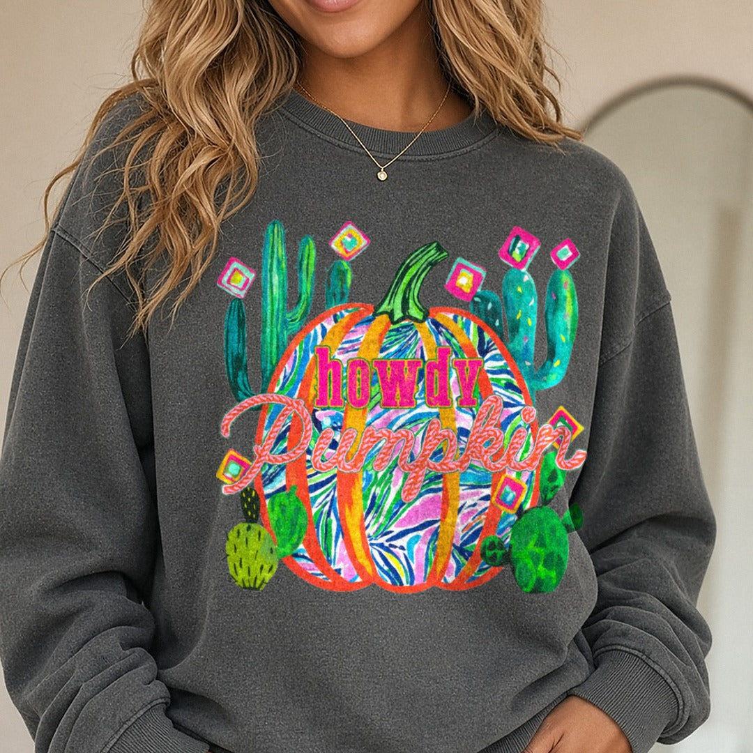 Howdy Pumpkin DTF transfer shown on a Comfort Colors sweatshirt