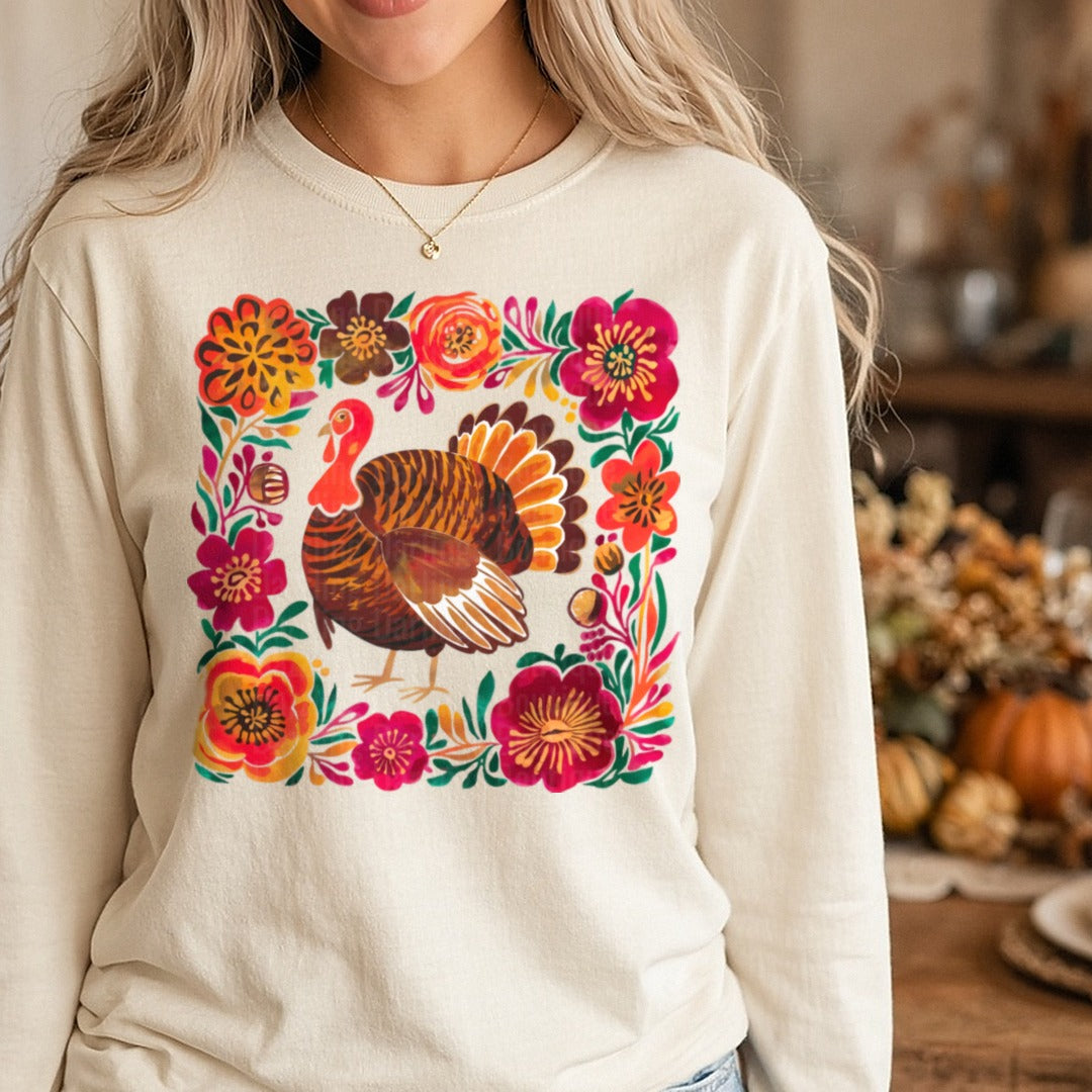 Turkey DTF transfer shown on a Comfort Colors long sleeve tee