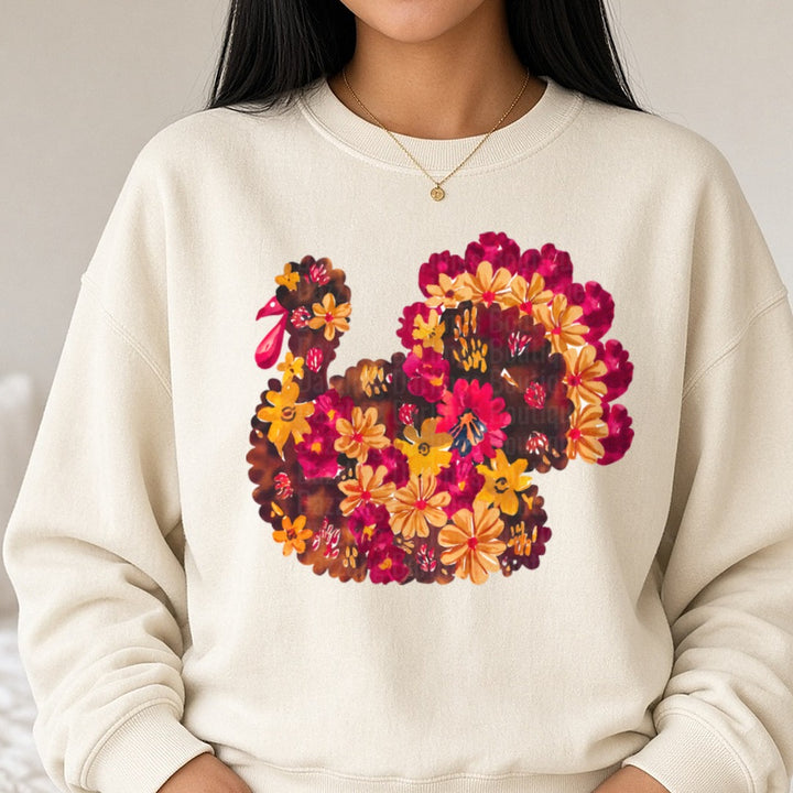 Floral Turkey(5) DTF transfer shown on a Comfort Colors sweatshirt