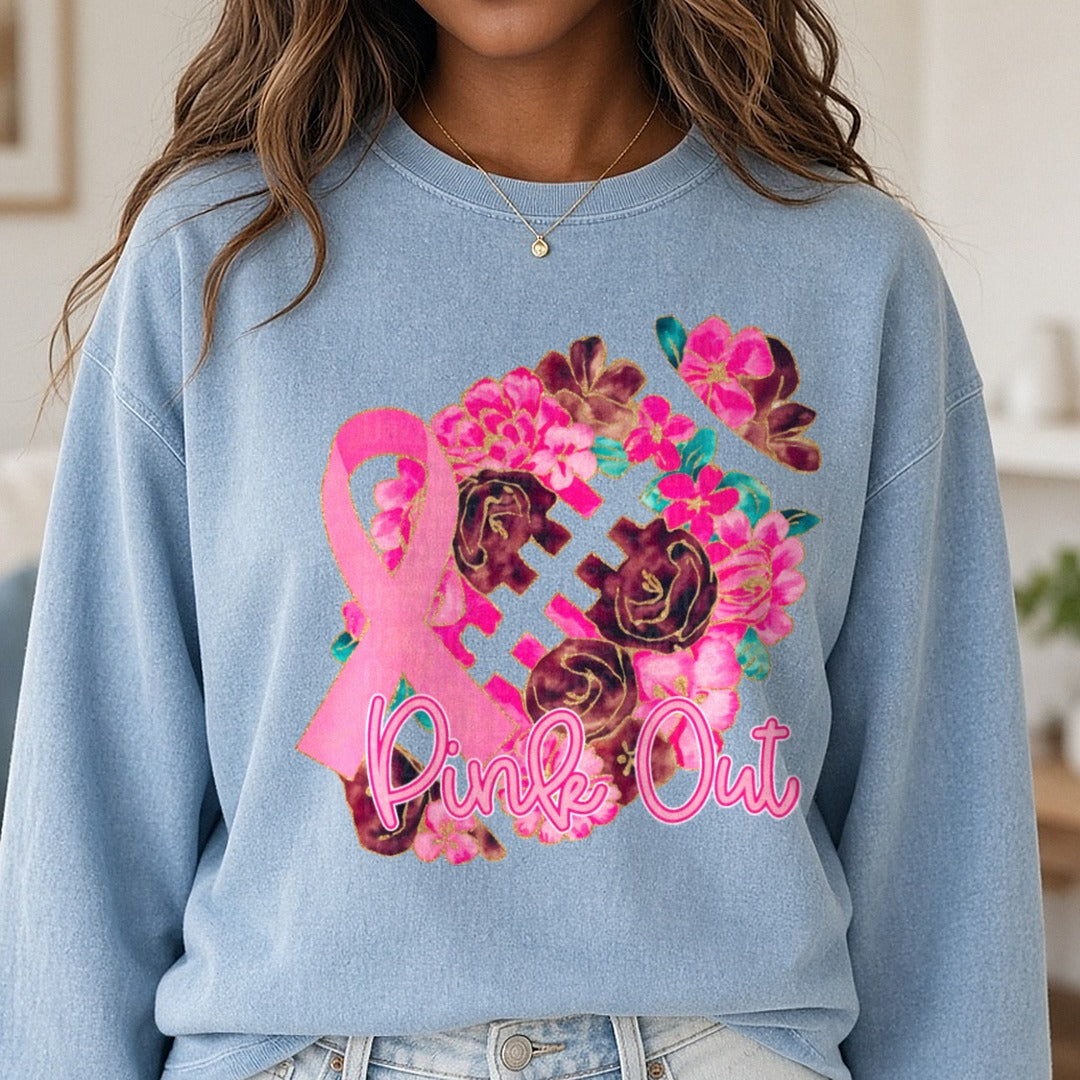 Pink Out DTF transfer shown on a Comfort Colors sweatshirt
