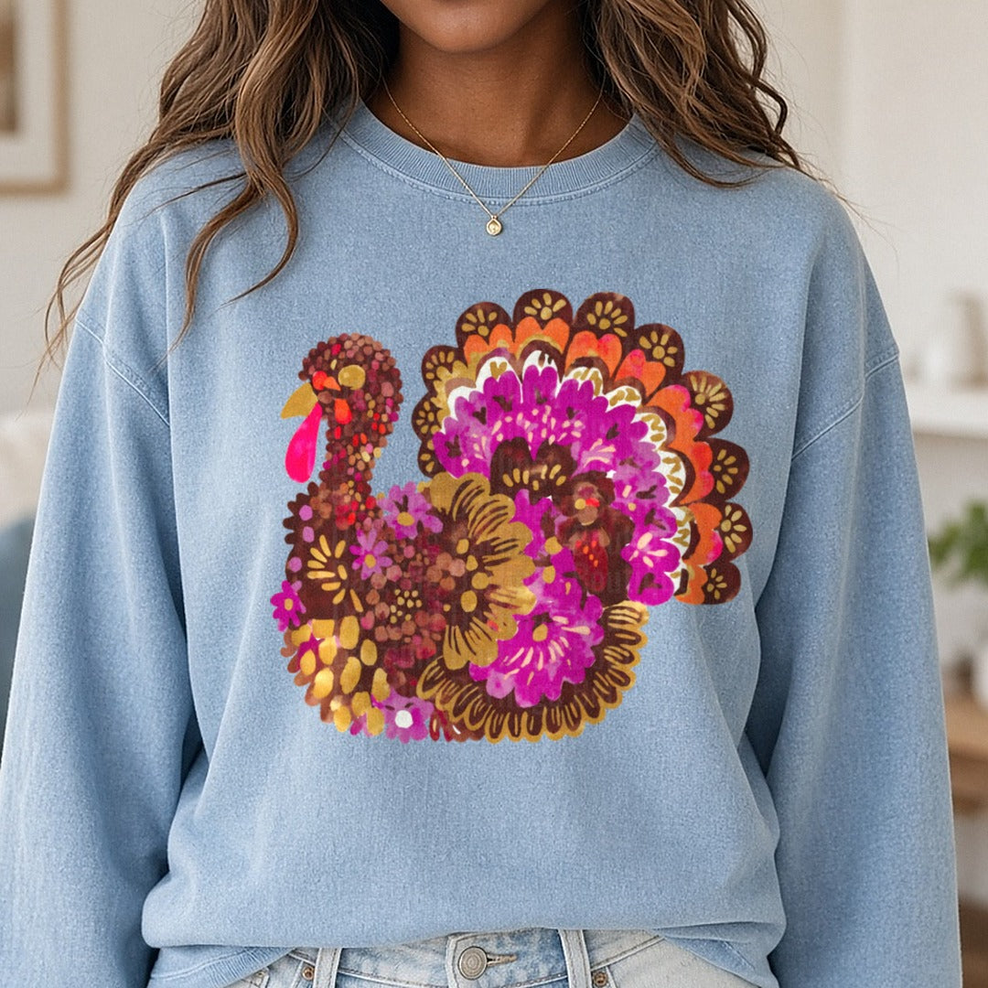 Floral Turkey DTF transfer shown on a Comfort Colors sweatshirt