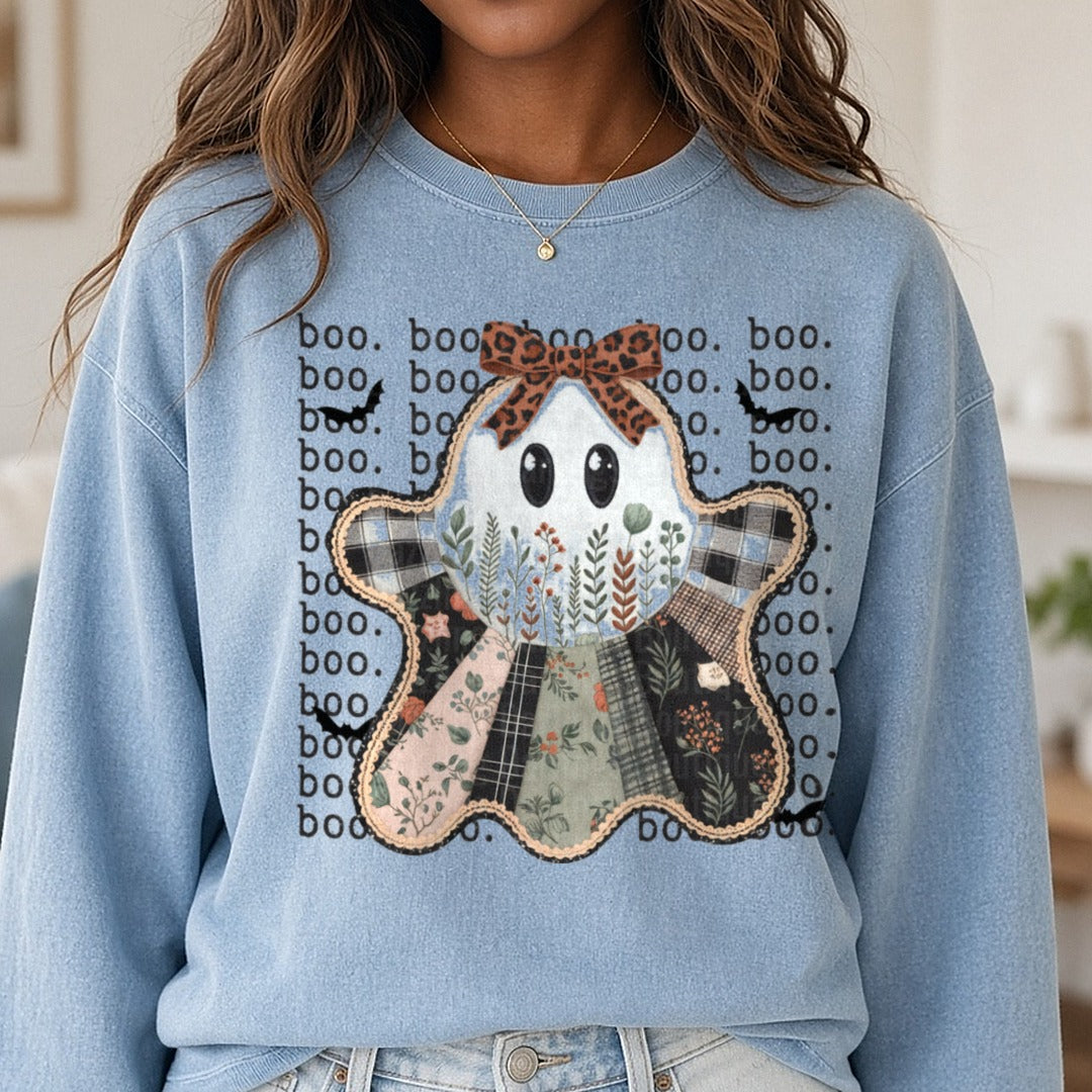 Patchwork Ghost DTF transfer shown on a Comfort Colors sweatshirt