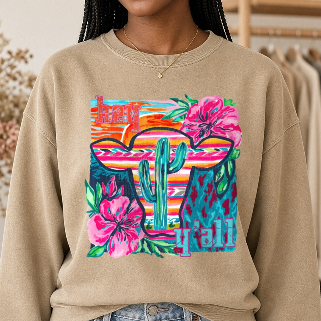 Hey Yall DTF transfer shown on a Comfort Colors sweatshirt