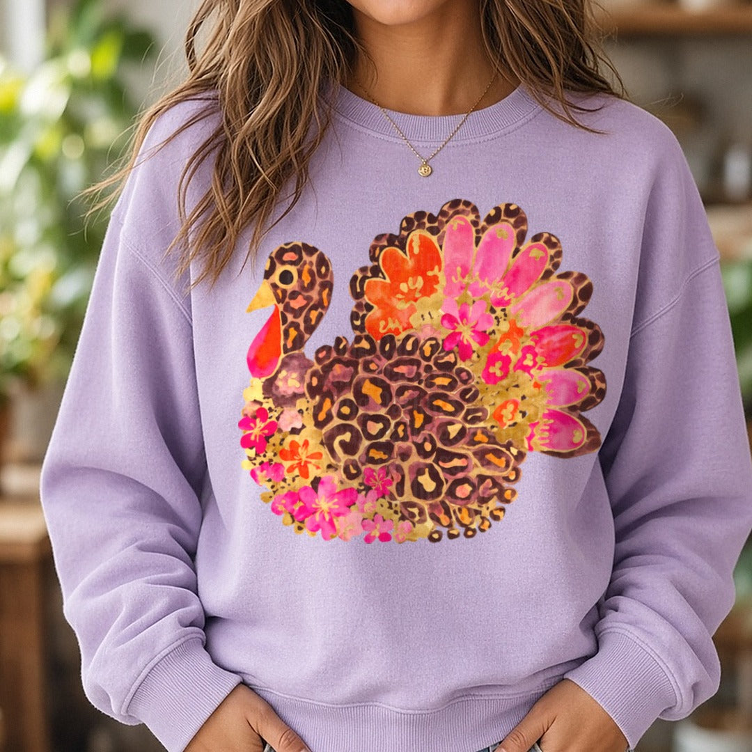 Floral Turkey(2) DTF transfer shown on a Comfort Colors sweatshirt