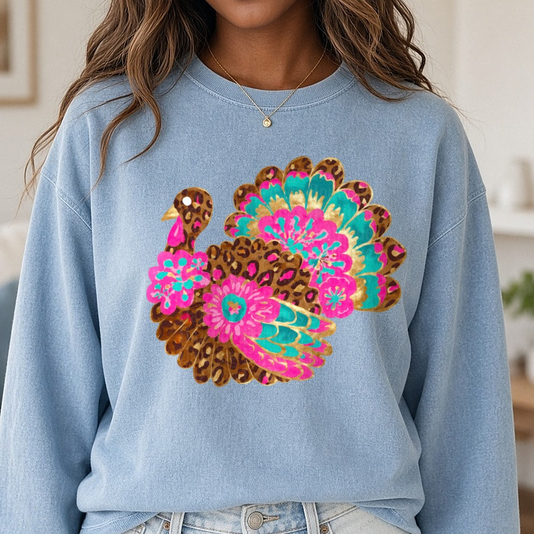 Floral Turkey(3) DTF transfer shown on a Comfort Colors sweatshirt