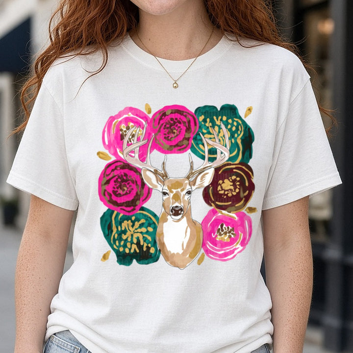 Floral Deer DTF transfer shown on a Comfort Colors tee