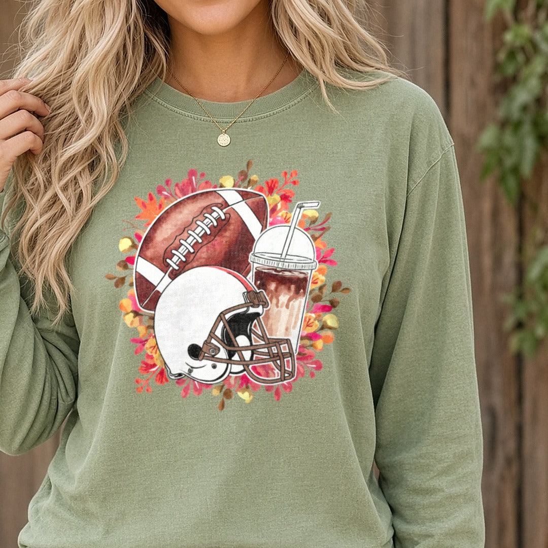 Football Season DTF transfer shown on a Comfort Colors long sleeve tee