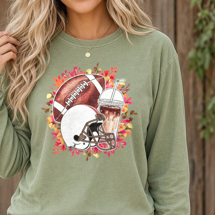 Football Season DTF transfer shown on a Comfort Colors long sleeve tee