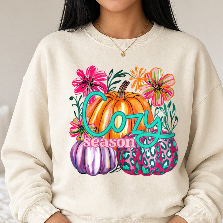 Cozy Season DTF transfer shown on a Comfort Colors sweatshirt