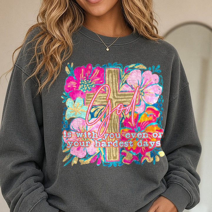 God Is With You DTF transfer shown on a Comfort Colors sweatshirt