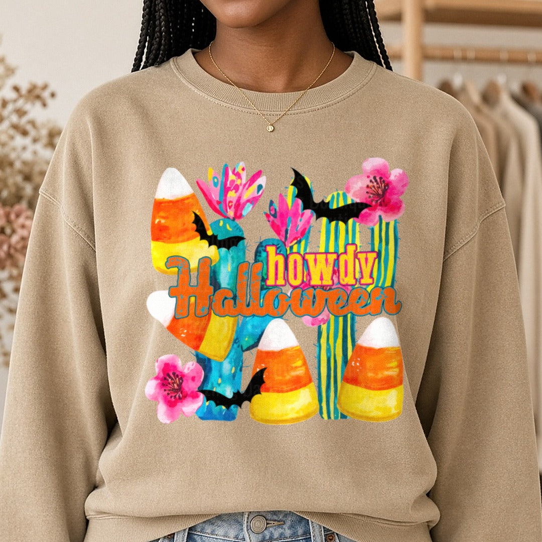 Howdy Halloween DTF transfer shown on a Comfort Colors sweatshirt